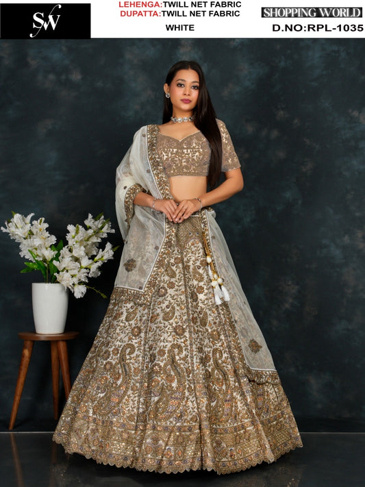 Fantastic White golden Twill Net Lehenga
