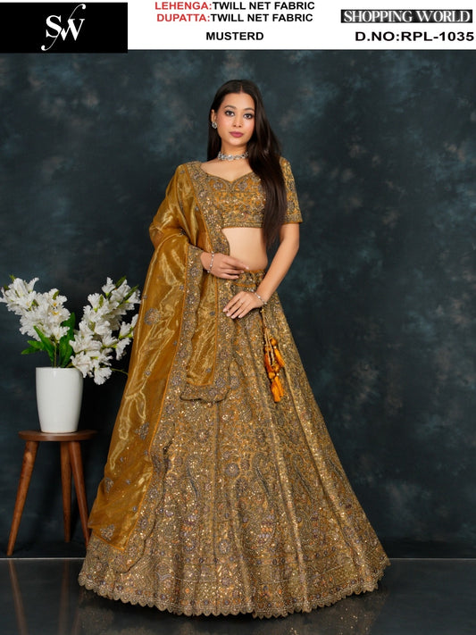Amazing Mustard Twill Net Lehenga