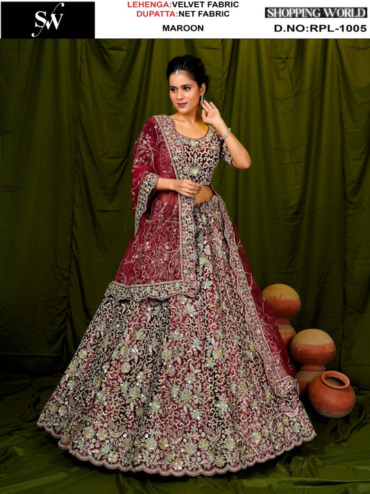 Engaging Maroon Velvet Lehenga