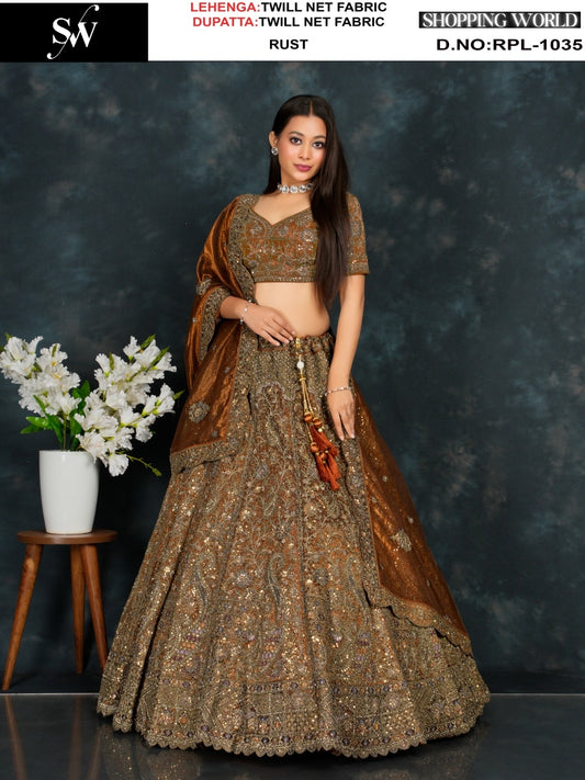 Elegant Rust orange Twill Net Lehenga