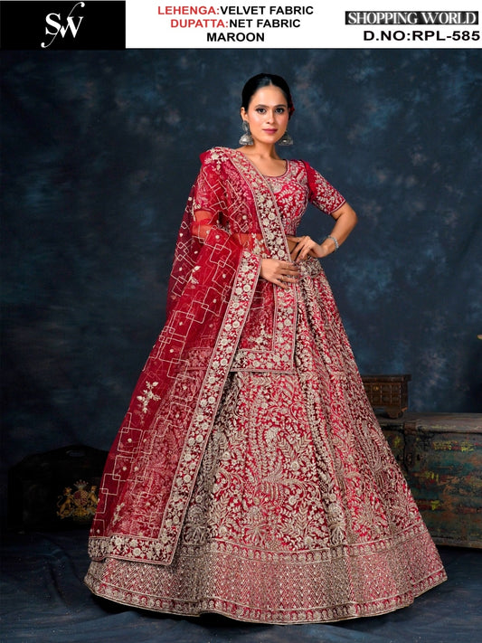 Stunning Maroon Velvet Lehenga