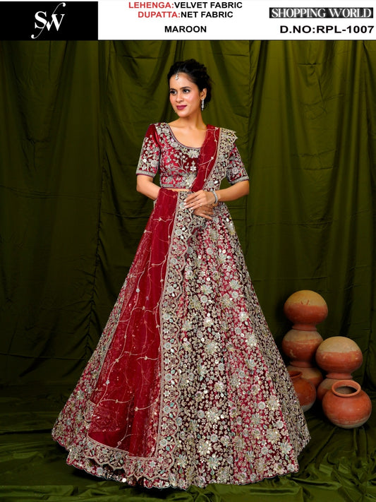 Gorgeous Maroon Velvet Lehenga