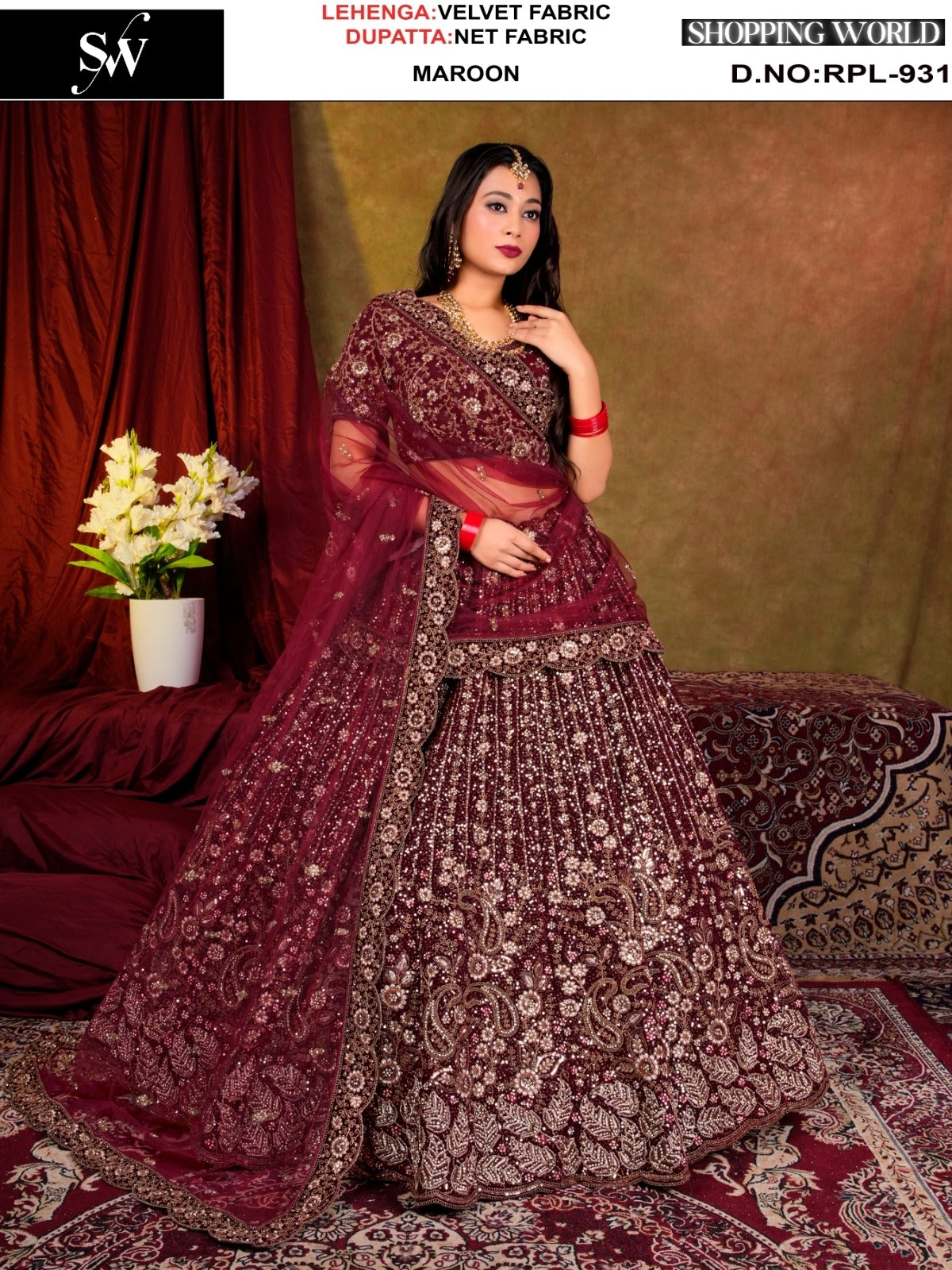 Astonishing Maroon Velvet Lehenga