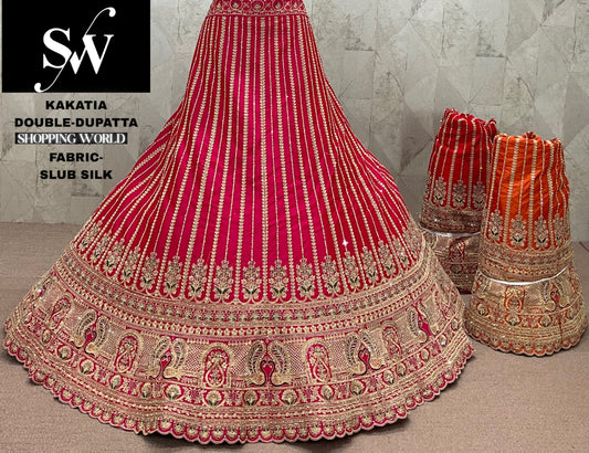 Eye Catching Rani pink peacock Double Dupatta Slub Silk Bridal Lehenga