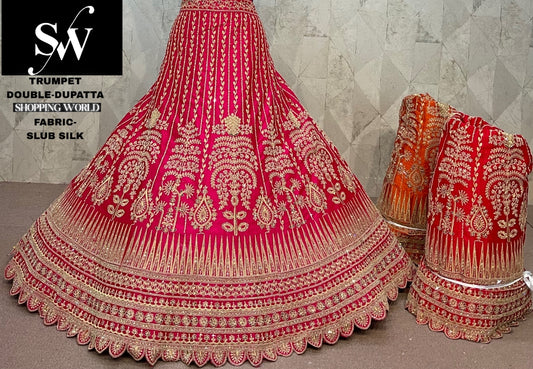 Charming Rani pink Double Dupatta Slub Silk Bridal Lehenga