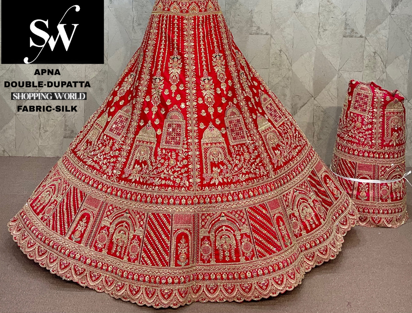 Pleasing Red Silk Double Dupatta Bridal Lehenga