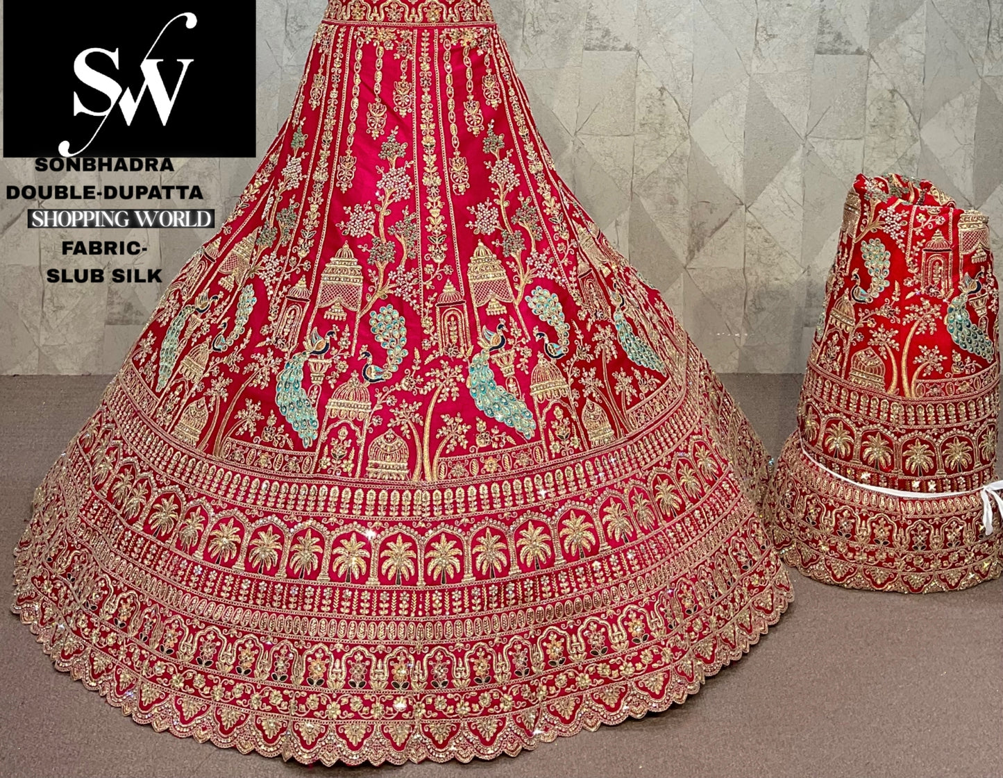 Lavishing Rani pink peacock  Slub Silk Double Dupatta Bridal Lehenga