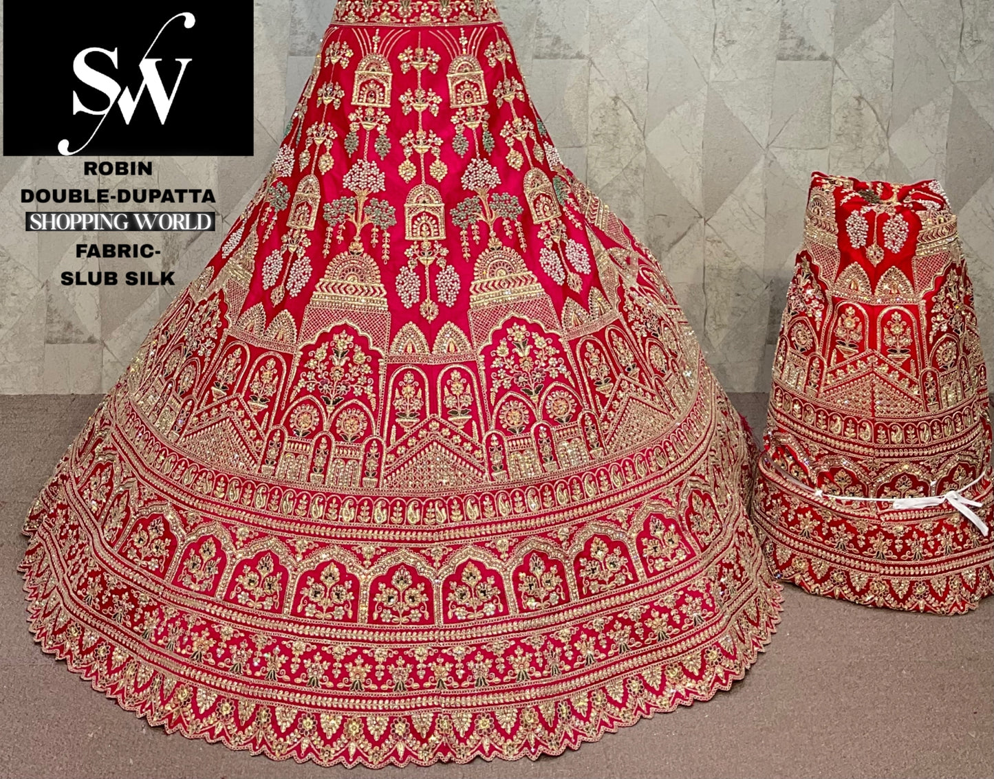 Beautiful Rani pink Slub Silk Double Dupatta Bridal Lehenga