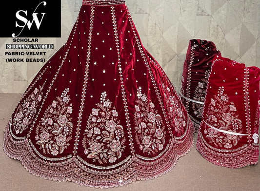 Lovely Maroon Velvet Bridal Lehenga