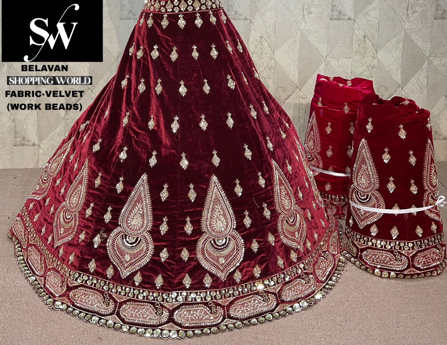 Pretty Dark Maroon Velvet Bridal Lehenga