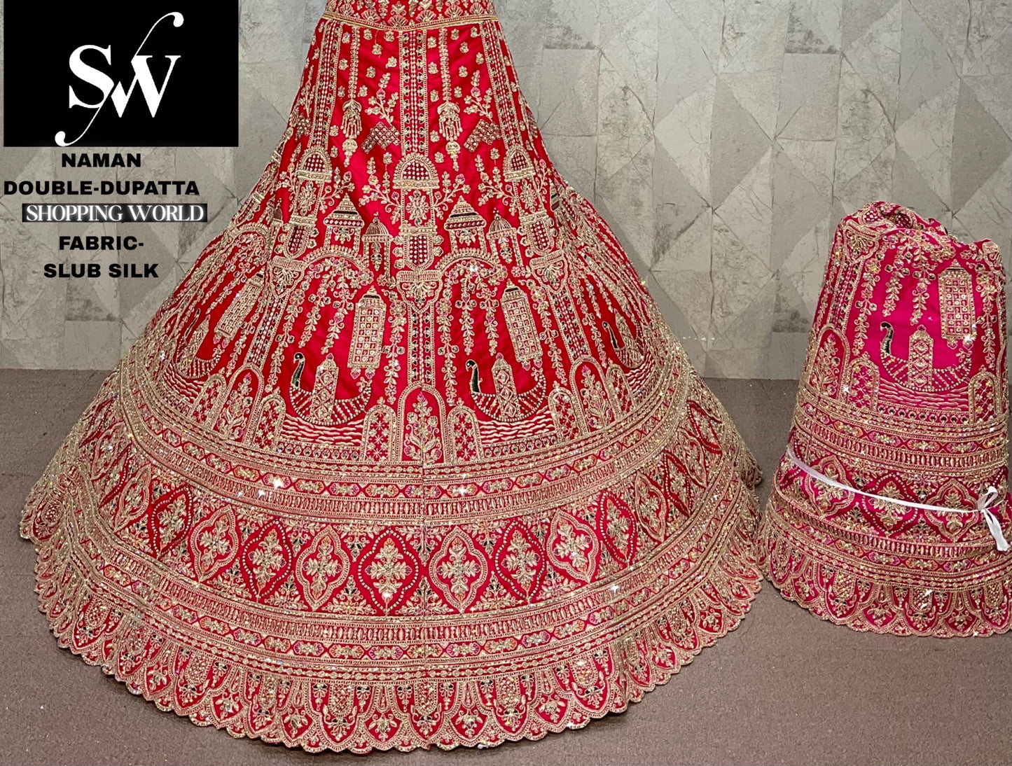 Designer Red peacock Slub Silk Double Dupatta Bridal Lehenga