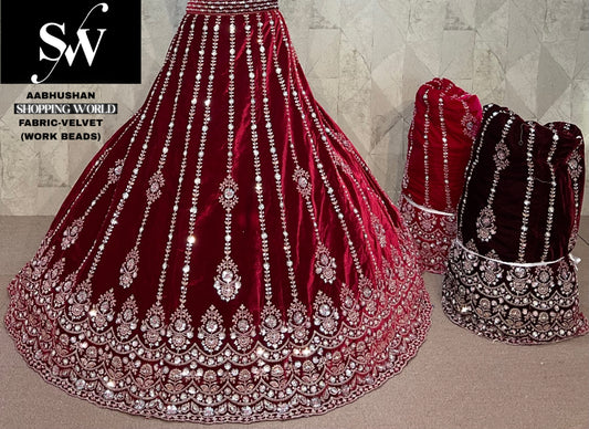 Stunning Dark Maroon Velvet bridal Double Dupatta Lehenga
