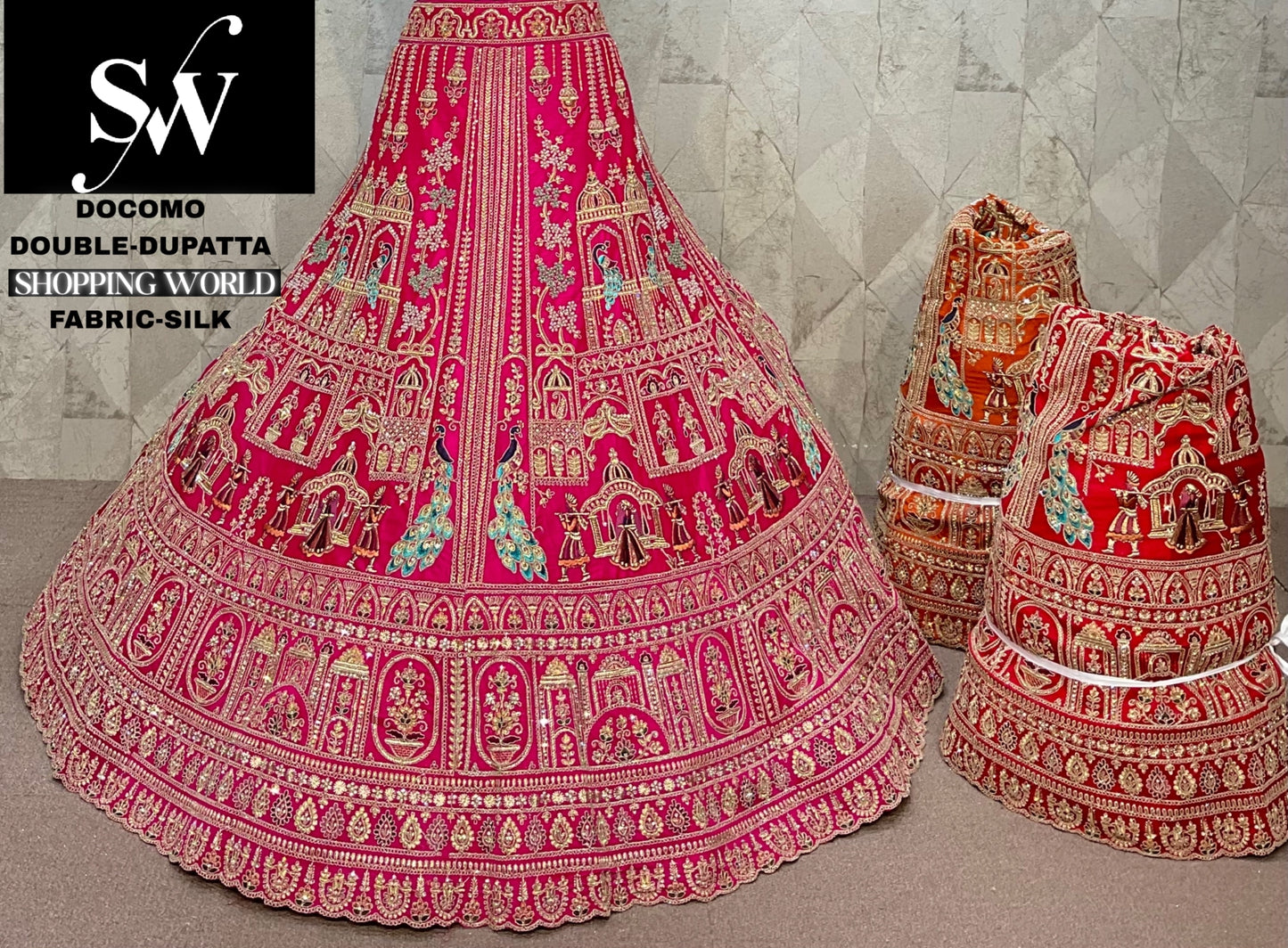 Glamorous Rani pink peacock bridal Double Dupatta Lehenga