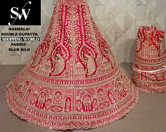 Fantastic Slub Silk Rani pink peacock Double Dupatta Velvet Lehenga