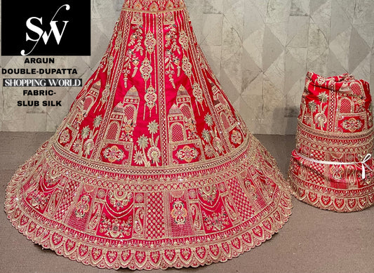 Awesome Slub Silk Red peacock Double Dupatta Velvet Lehenga