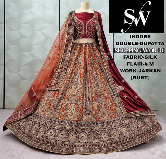 Beautiful Rust Double Dupatta Silk Bridal Lehenga