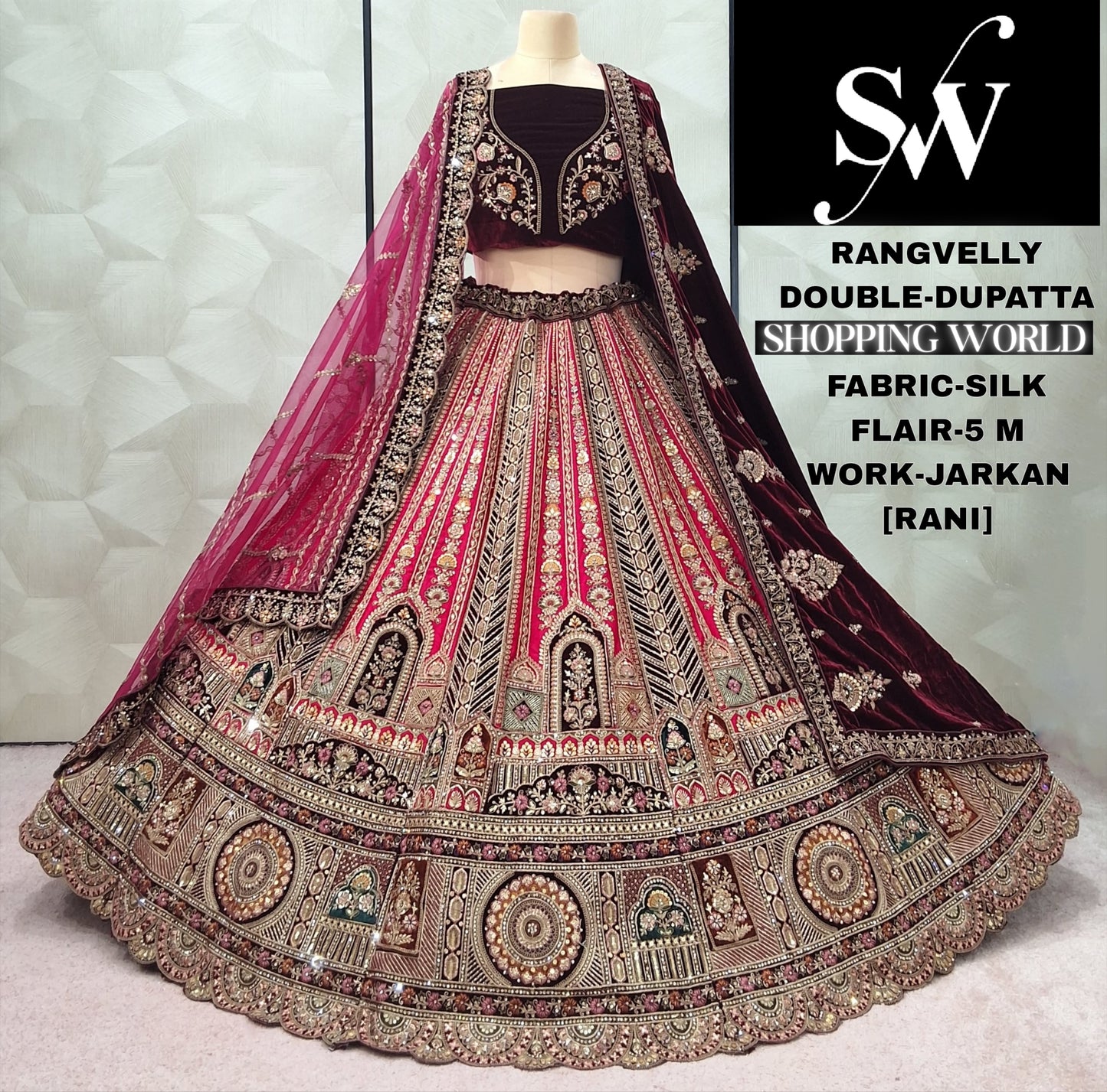Stunning Rust Double Dupatta Velvet Bridal Lehenga