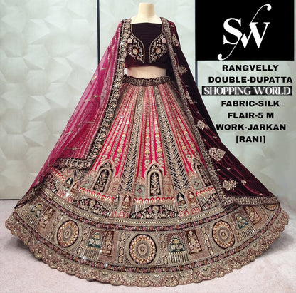 Stunning Rust Double Dupatta Velvet Bridal Lehenga