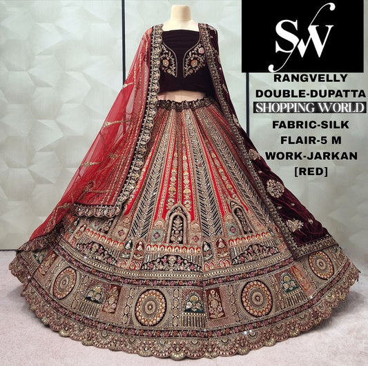 Good looking Red Double Dupatta Velvet Bridal Lehenga