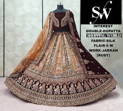 Tremendous Maroon Double Dupatta Velvet Bridal Lehenga