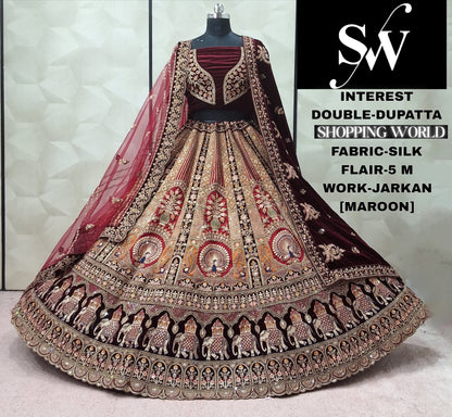 Tremendous Maroon Double Dupatta Velvet Bridal Lehenga