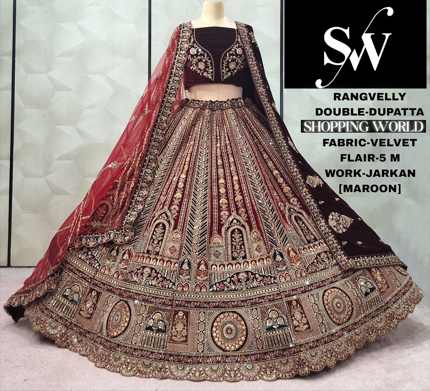 Stunning Rust Double Dupatta Velvet Bridal Lehenga