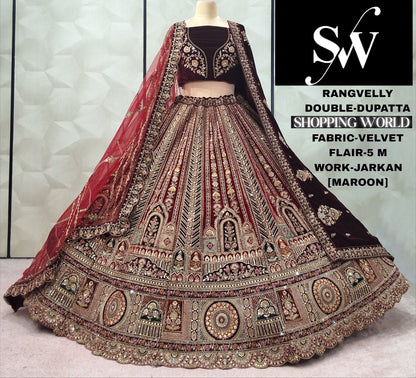 Stunning Rust Double Dupatta Velvet Bridal Lehenga