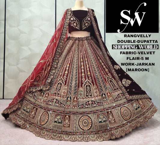 Gorgeous Maroon Double Dupatta Velvet Bridal Lehenga