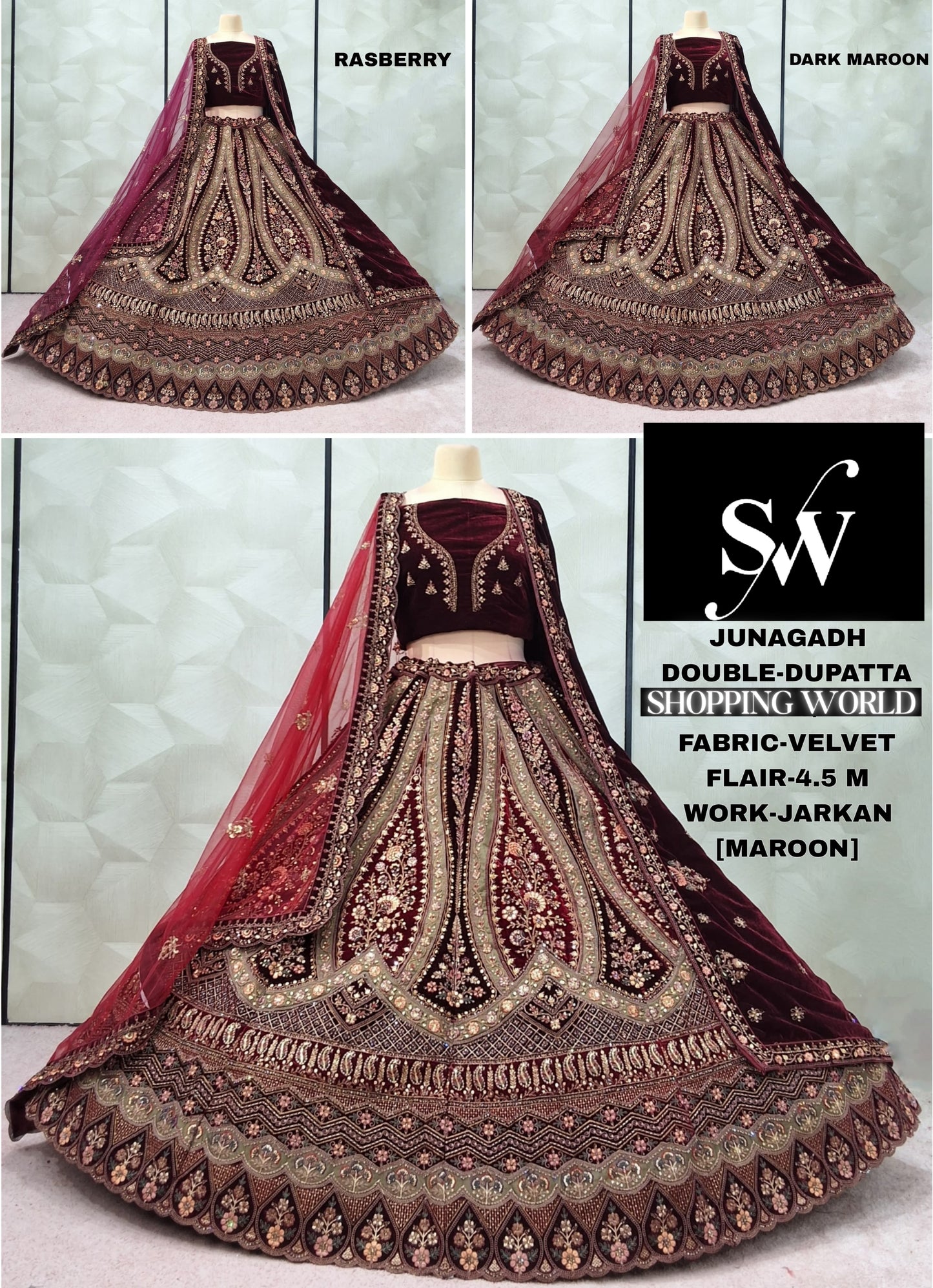 Khoobsurat Maroon Dark maroon Maroon Double Dupatta Velvet Bridal Lehenga