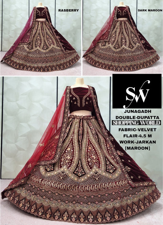 Khoobsurat Maroon Dark maroon Maroon Double Dupatta Velvet Bridal Lehenga
