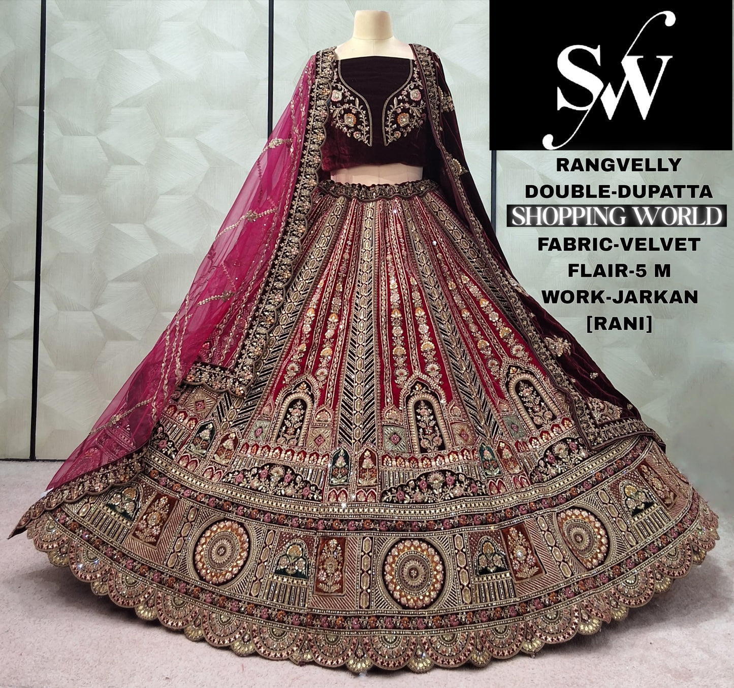 Stunning Rust Double Dupatta Velvet Bridal Lehenga