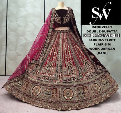Stunning Rust Double Dupatta Velvet Bridal Lehenga