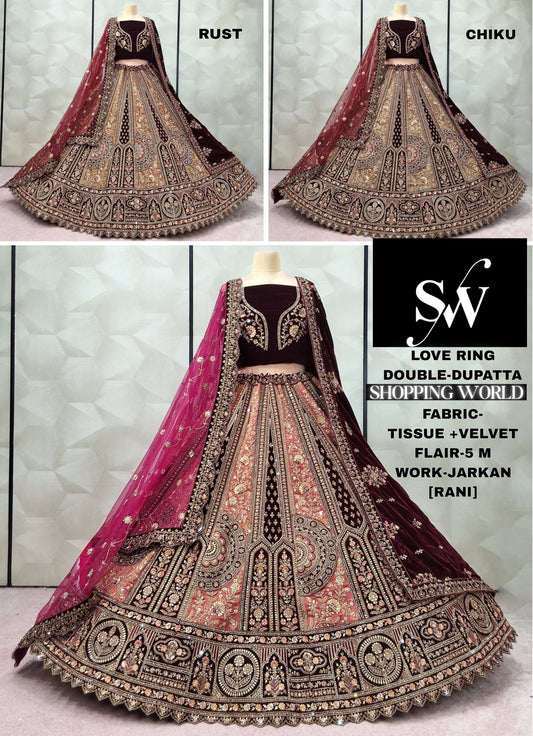 Attractive Rani pink Rust Orange Chiku golden Double Dupatta Tissue Velvet Bridal Lehenga