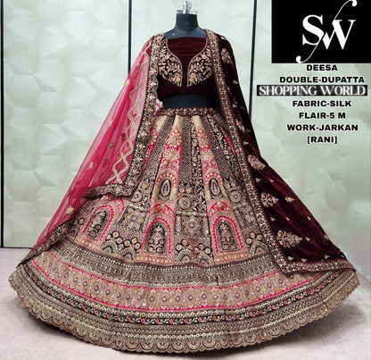 Elegant Rust golden Double Dupatta Silk Bridal Lehenga