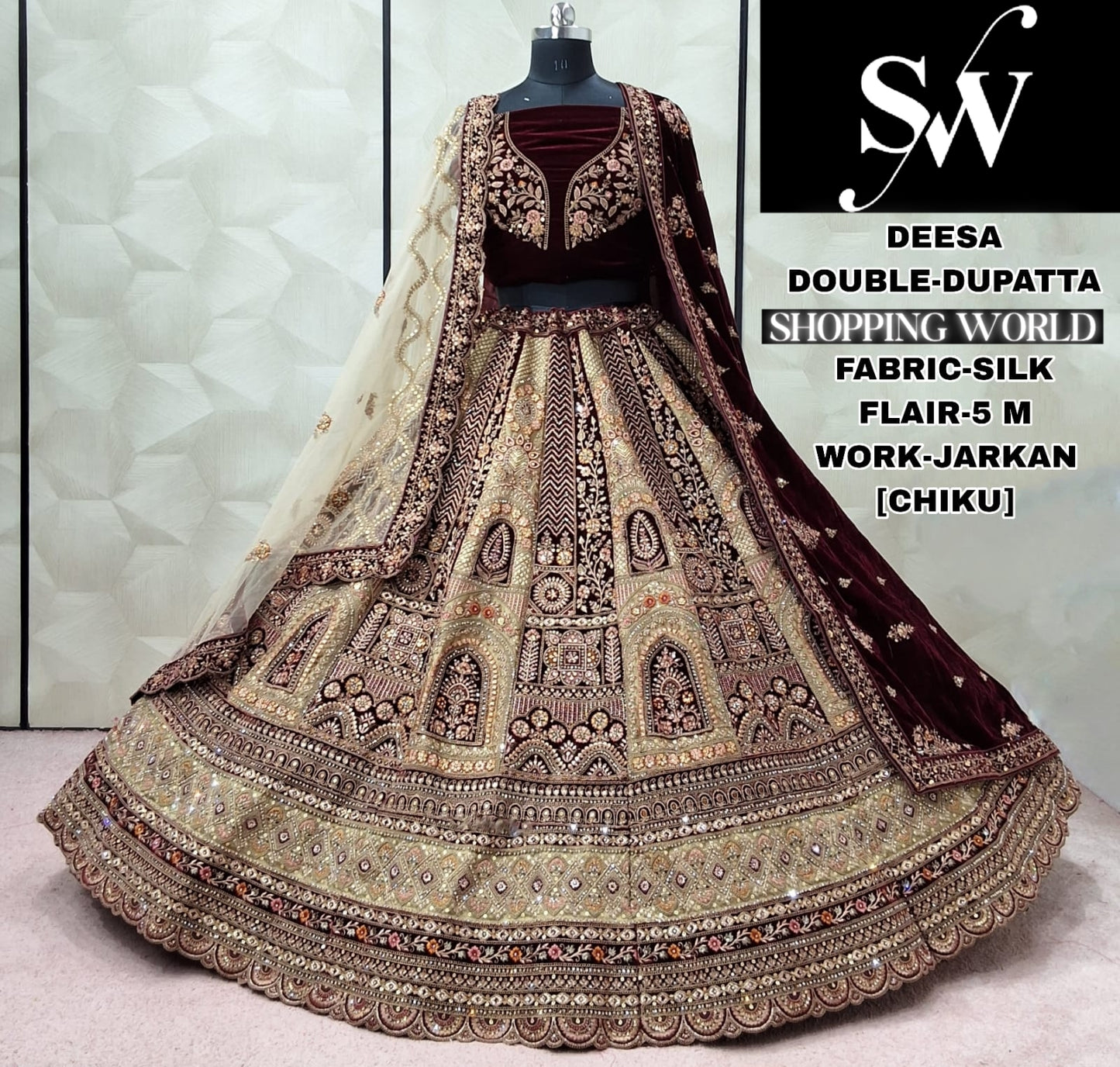 Elegant Rust golden Double Dupatta Silk Bridal Lehenga