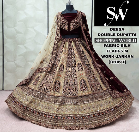 Engaging Chiku golden Double Dupatta Silk Bridal Lehenga