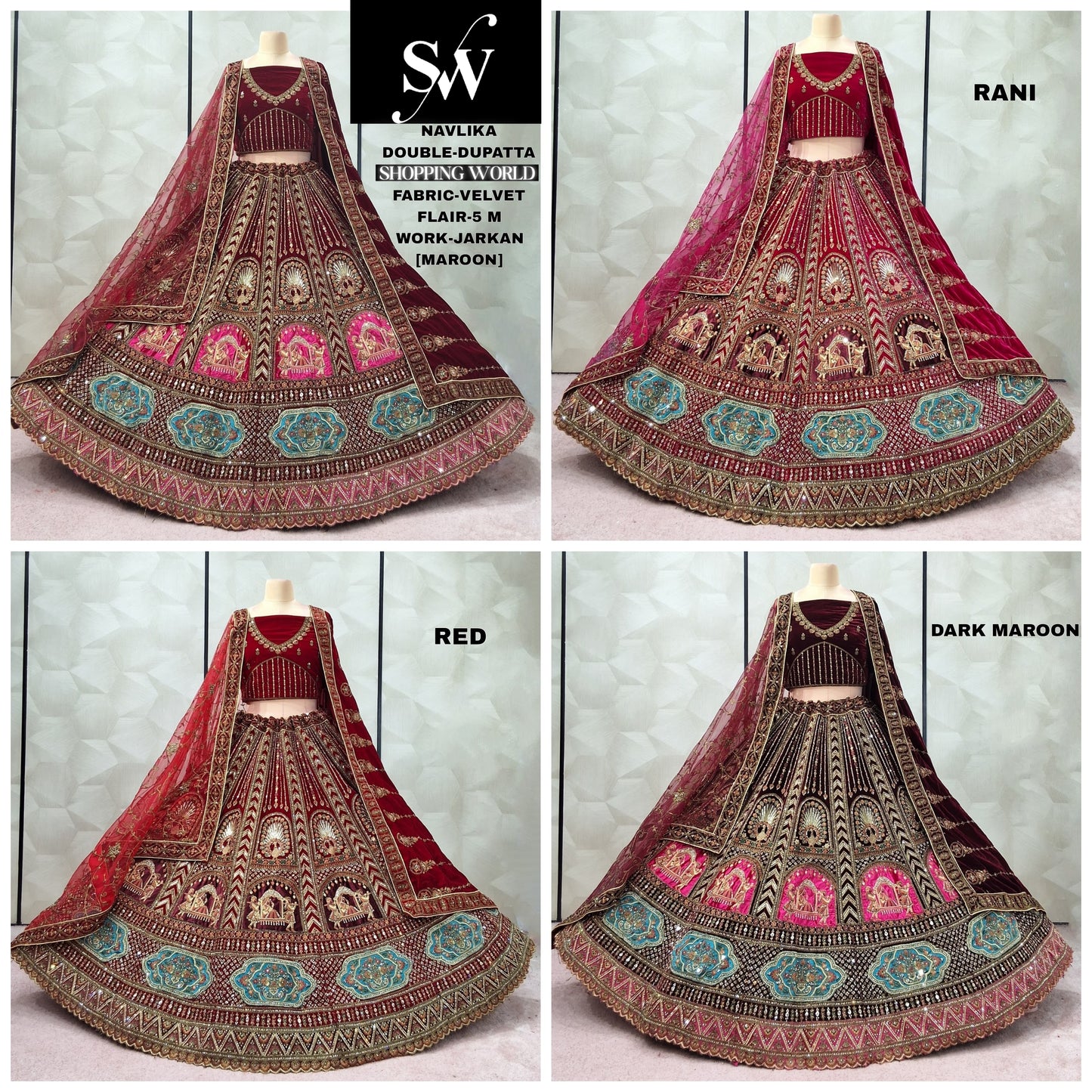 Awesome Red Rani pink Maroon Dark Maroon Double Dupatta Silk Bridal Lehenga
