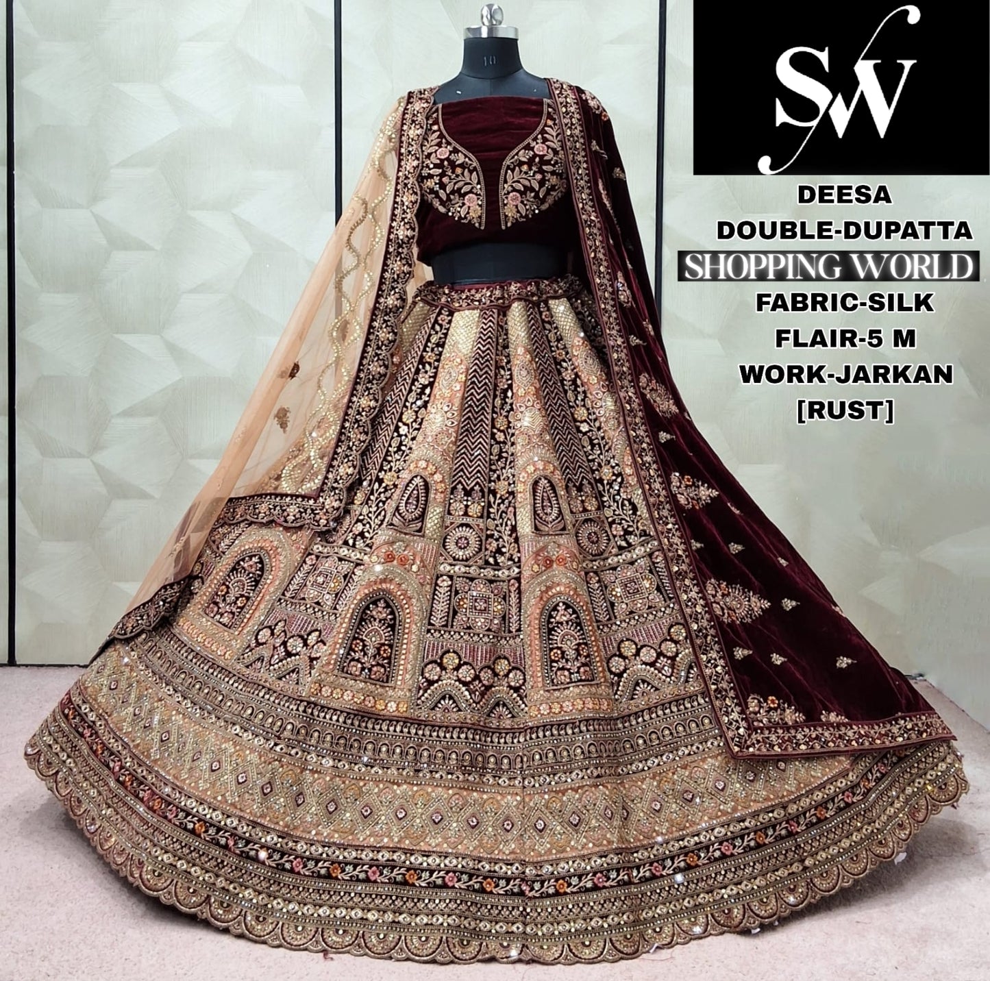 Elegant Rust golden Double Dupatta Silk Bridal Lehenga