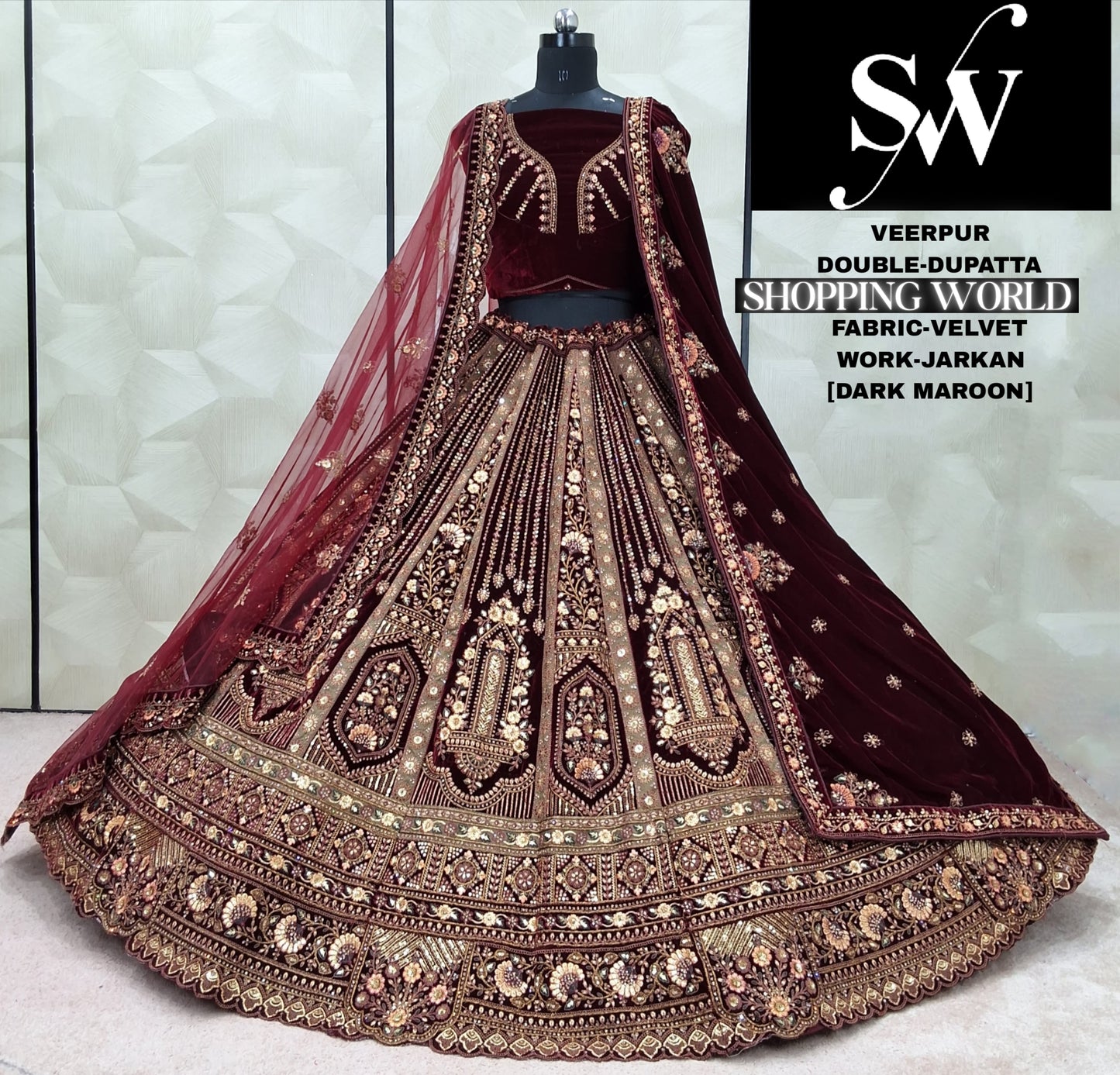 Embellished Raspberry Double Dupatta Velvet Bridal Lehenga