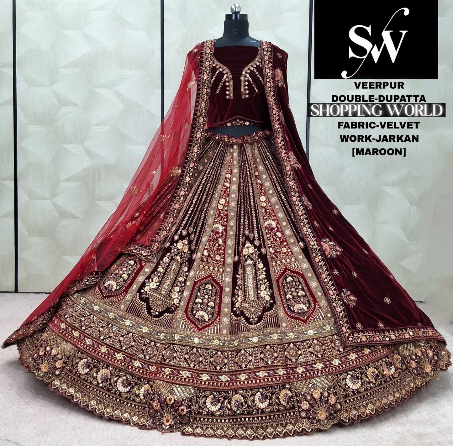 Embellished Raspberry Double Dupatta Velvet Bridal Lehenga