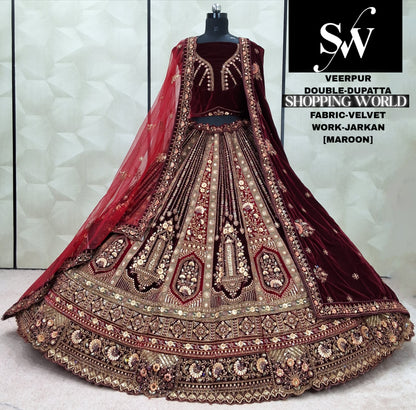 Embellished Raspberry Double Dupatta Velvet Bridal Lehenga