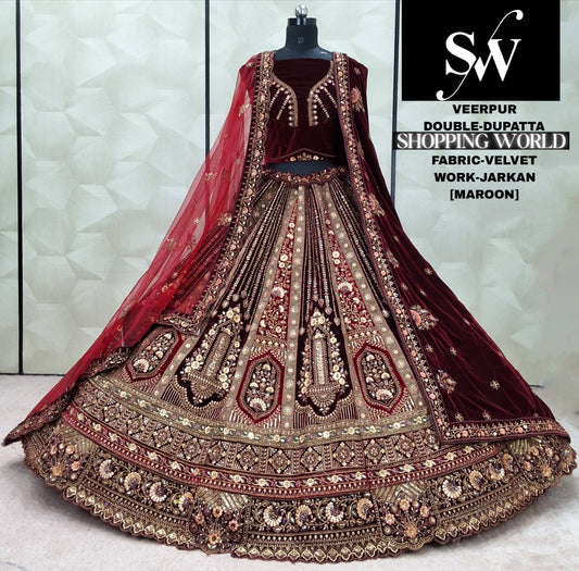 Delightful Dark Maroon Double Dupatta Velvet Bridal Lehenga