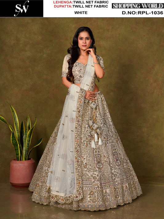 Designer White twill Net Lehenga