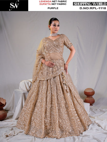 Pleasing beige golden Net Lehenga