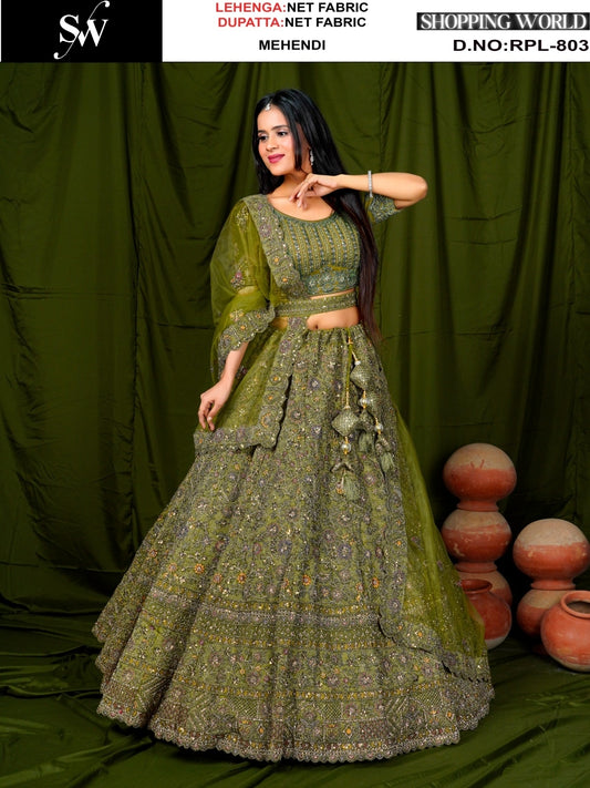 Amazing Mehendi green Net Lehenga