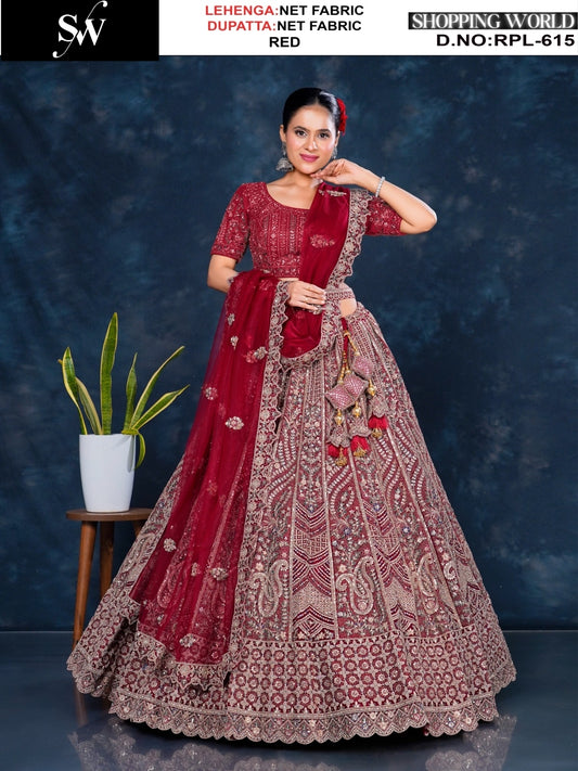Pretty Red Net Lehenga