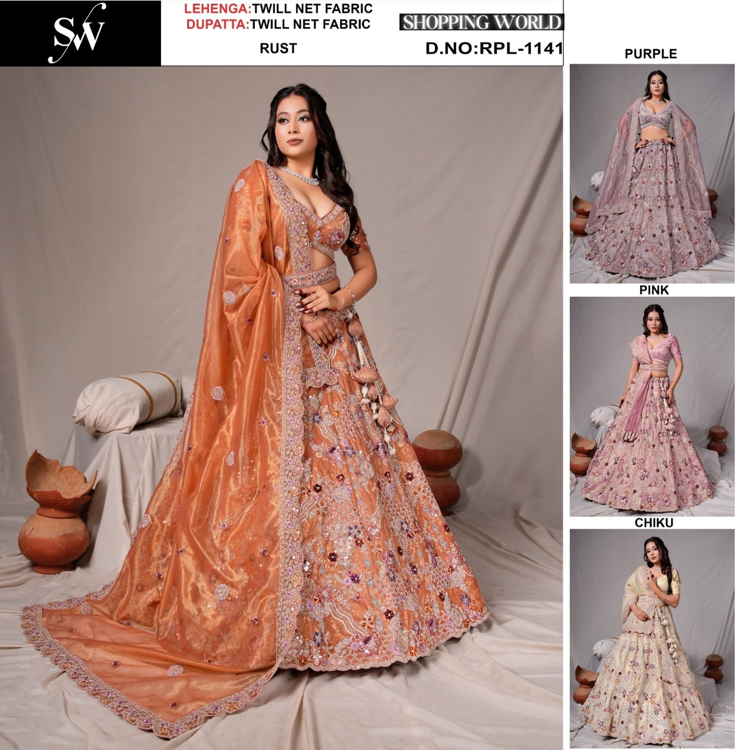Amazing Rust Orange Twill Net Lehenga