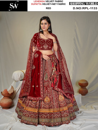 Embellished green Velvet Lehenga