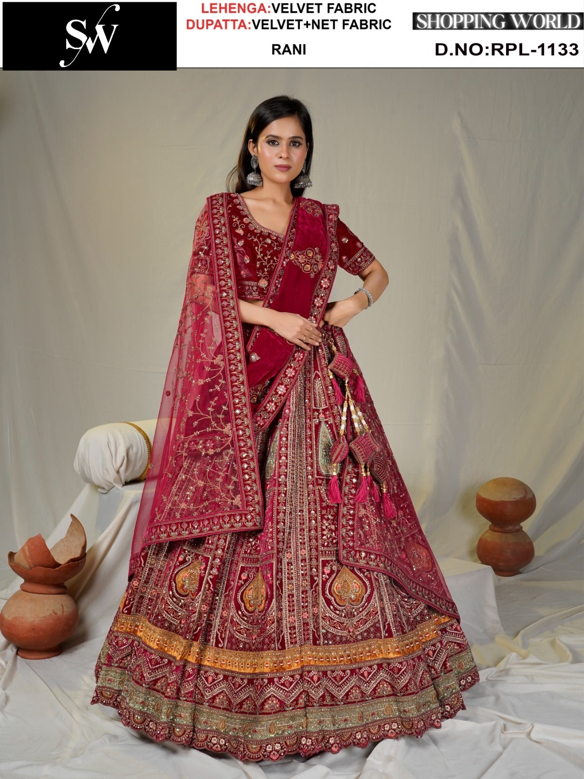 Embellished green Velvet Lehenga