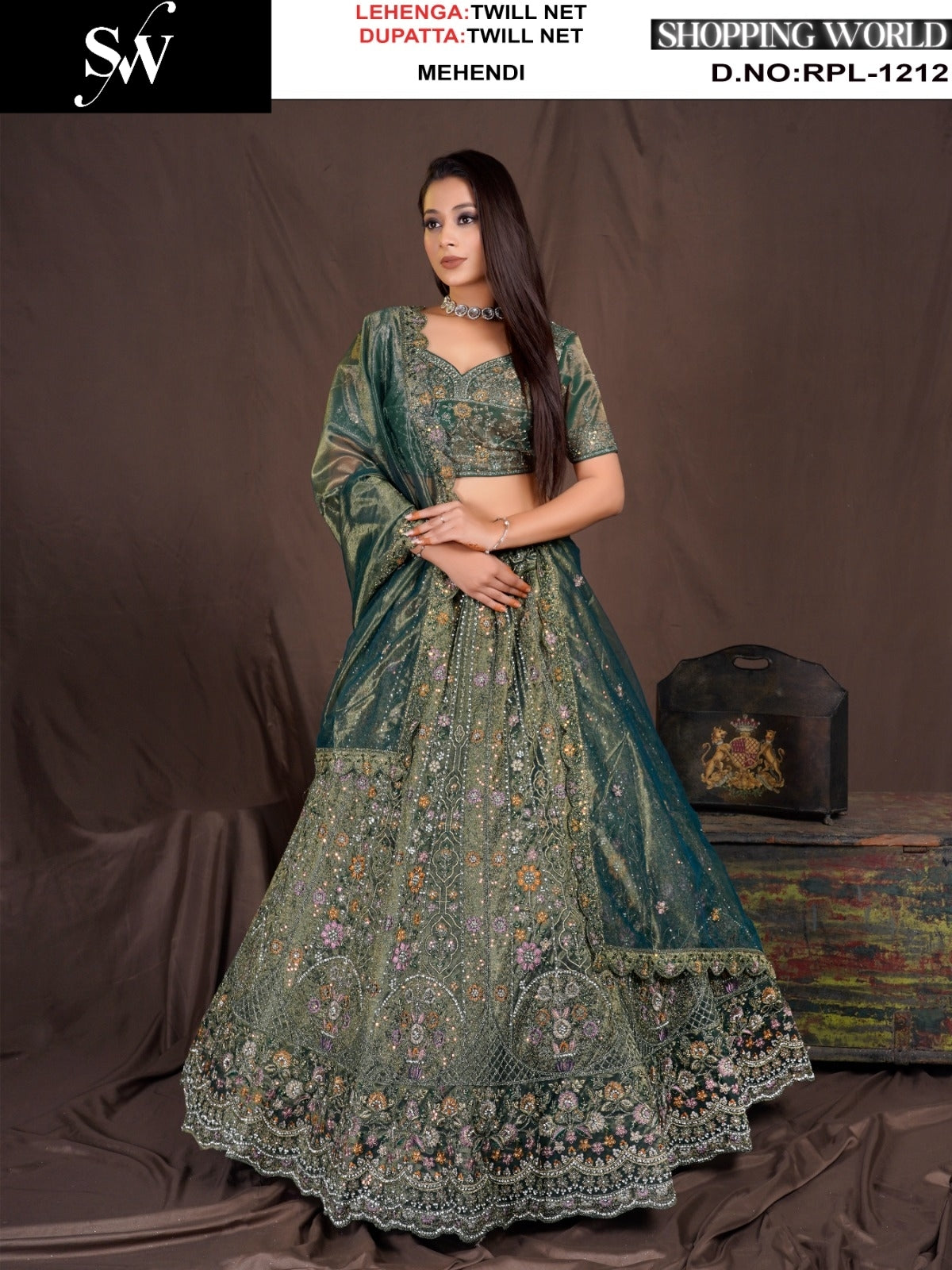 Charming Mehendi green Twill Net Lehenga